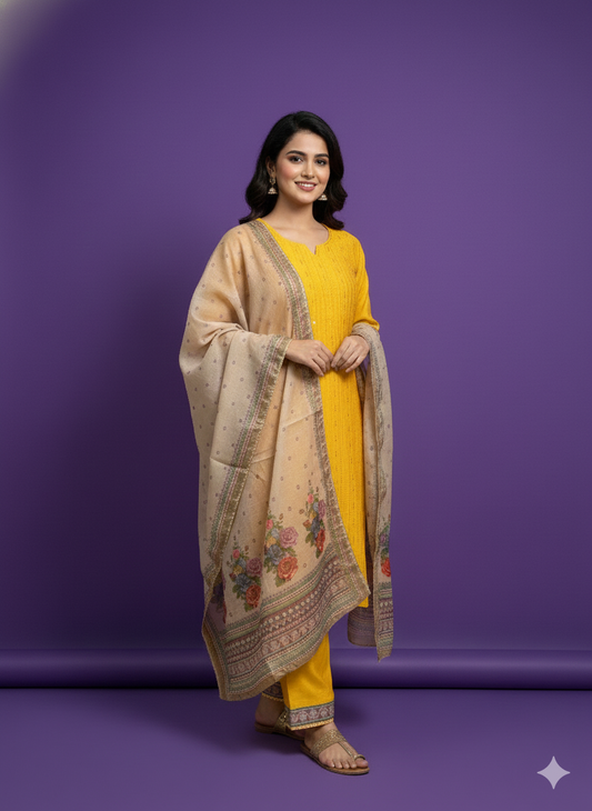 Yellow Round V-Neck Silk 2PCS Set