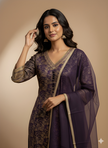 Purple V Neck Silk Kurta Set with Dupatta