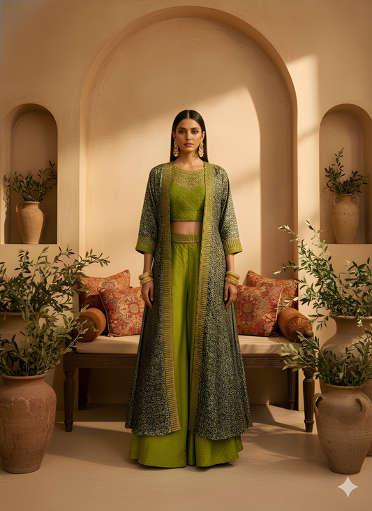 Green Round Neck Silk 3PCS Set