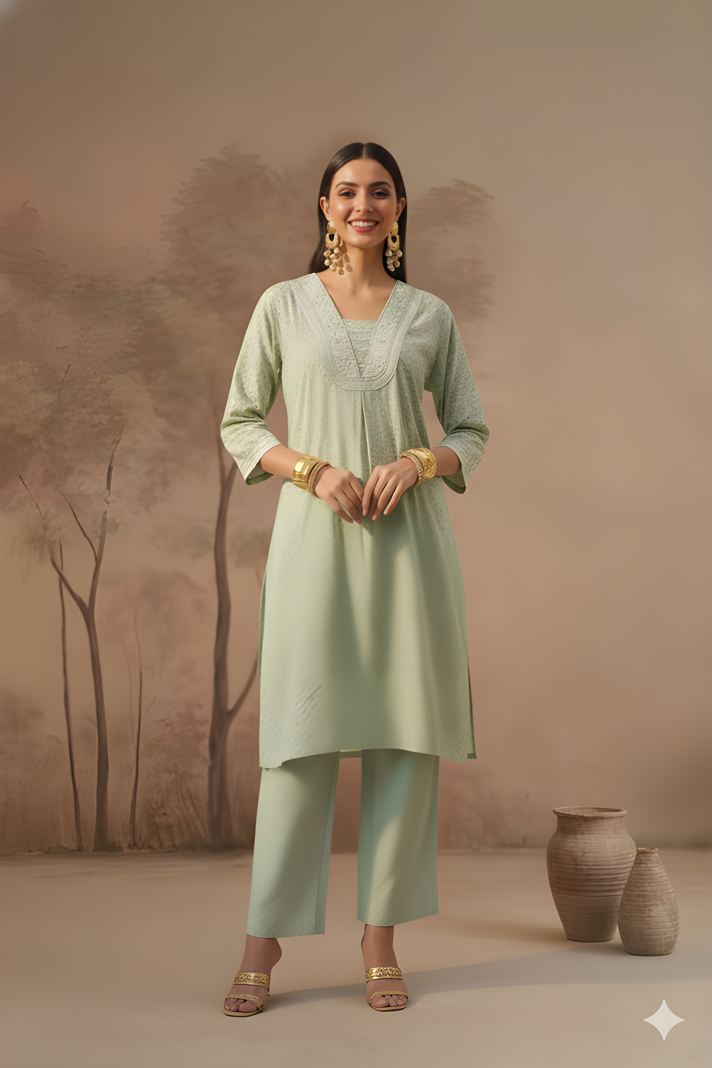 Green V Neck Silk Co-ords Set