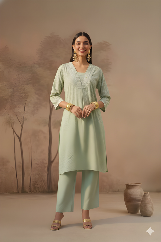 Green V Neck Silk Co-ords Set