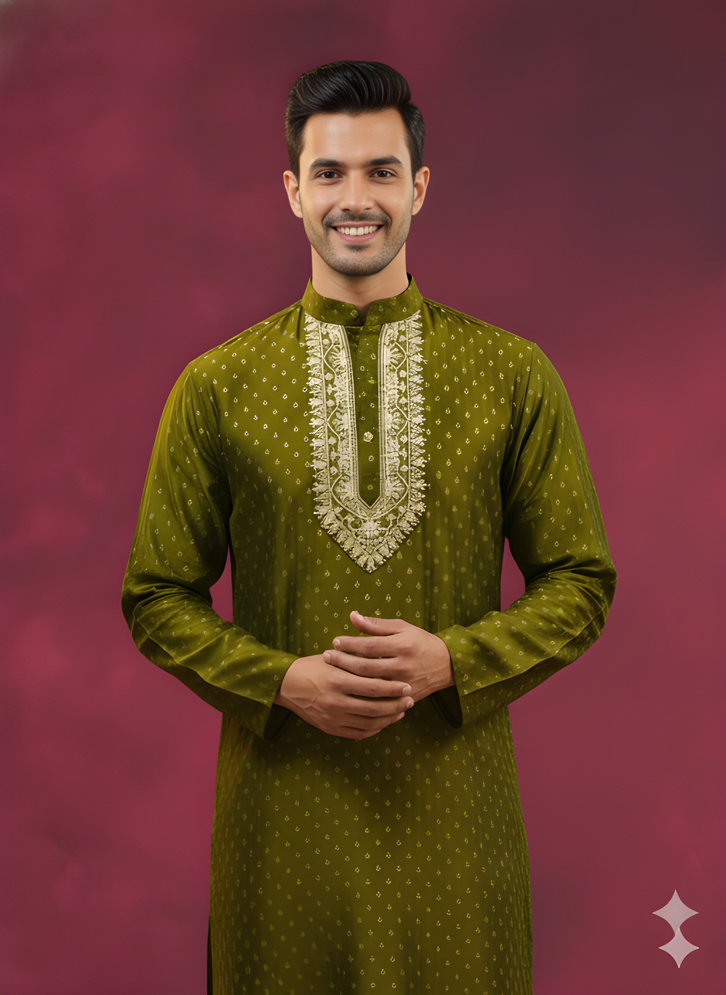 Green Mandarin Neck Silk Kurta