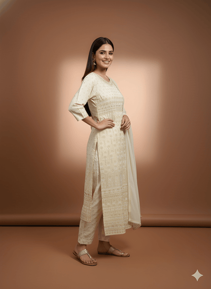 Ivory V Neck Silk Kurta Set with Dupatta