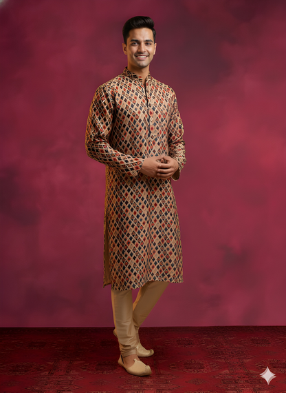 Beige Mandarin Neck Silk Kurta