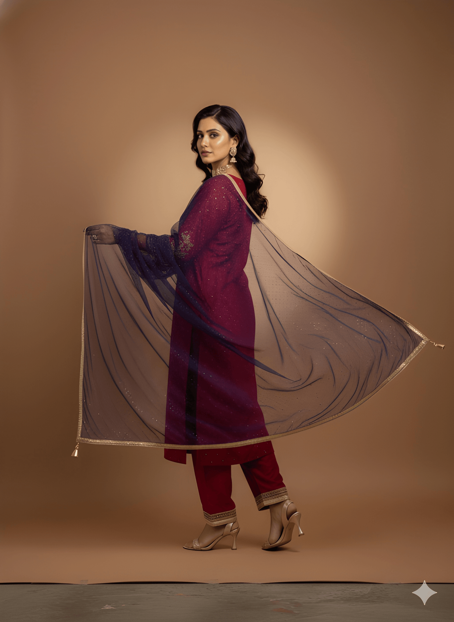 Mullberry V Neck Silk Kurta Set with Dupatta