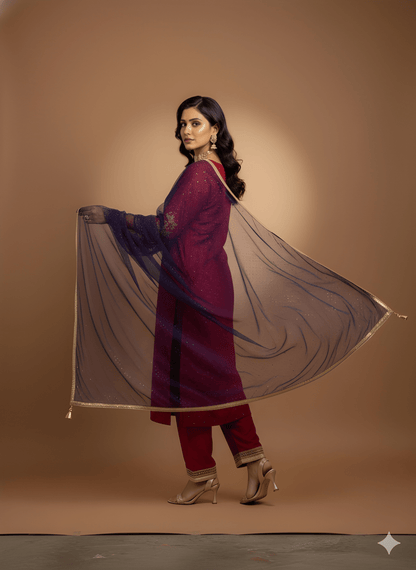 Mullberry V Neck Silk Kurta Set with Dupatta