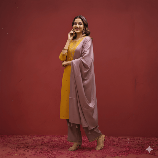 Yellow Round Neck Silk Kurta Set with Dupatta