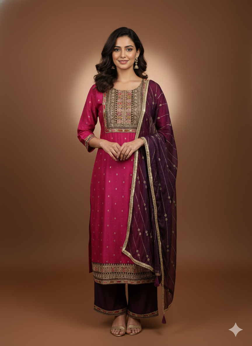 Pink Round Neck Silk Kurta Set with Dupatta