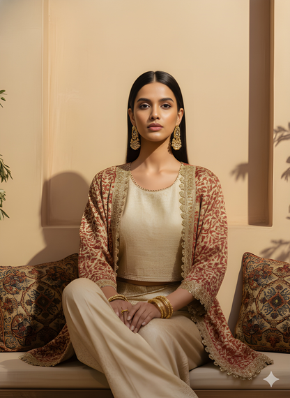 Ivory Round Neck Silk 3PCS Set