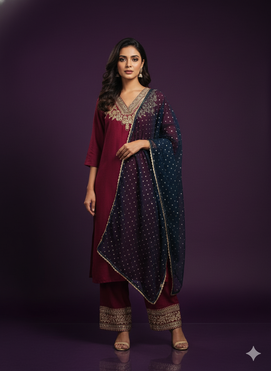 Mulberry V-Neck Kurta Set with Dupatta