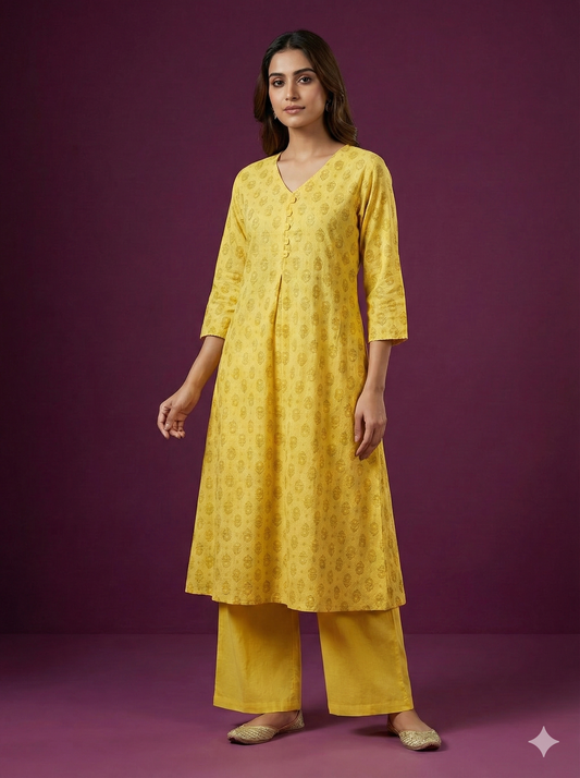 Span Yellow V Neck Cotton Casual Kurta