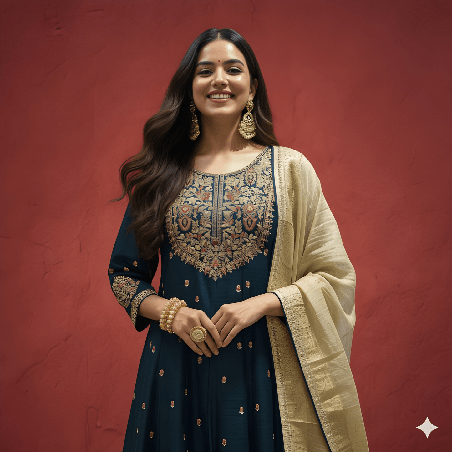 Blue round Neck Viscose Kurta Set with Dupatta