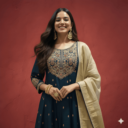 Blue round Neck Viscose Kurta Set with Dupatta