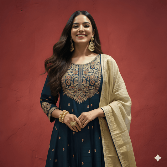 Blue round Neck Viscose Kurta Set with Dupatta