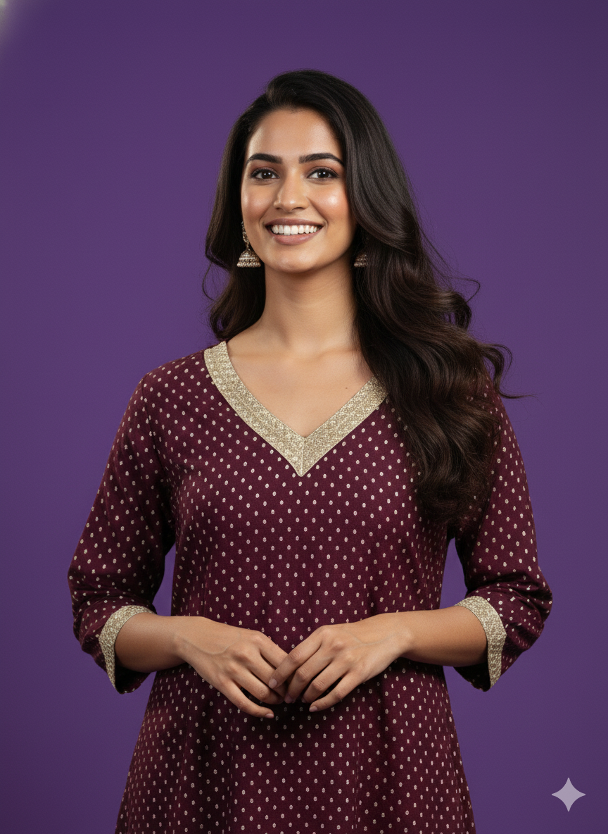 Purple Round V-Neck Kali Kurta Set with Dupatta