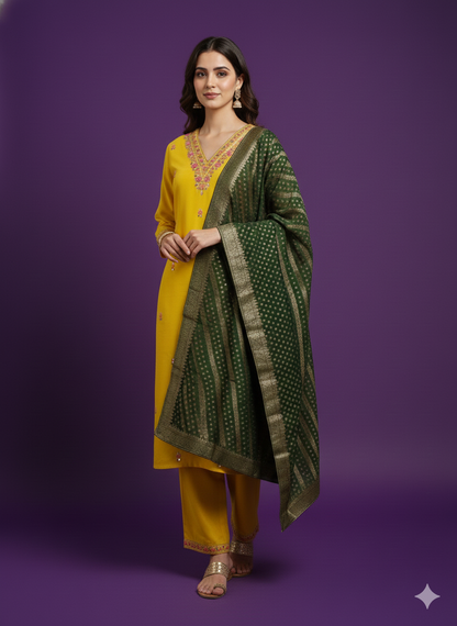 Yellow V-Neck Silk Kurta Set with Dupatta