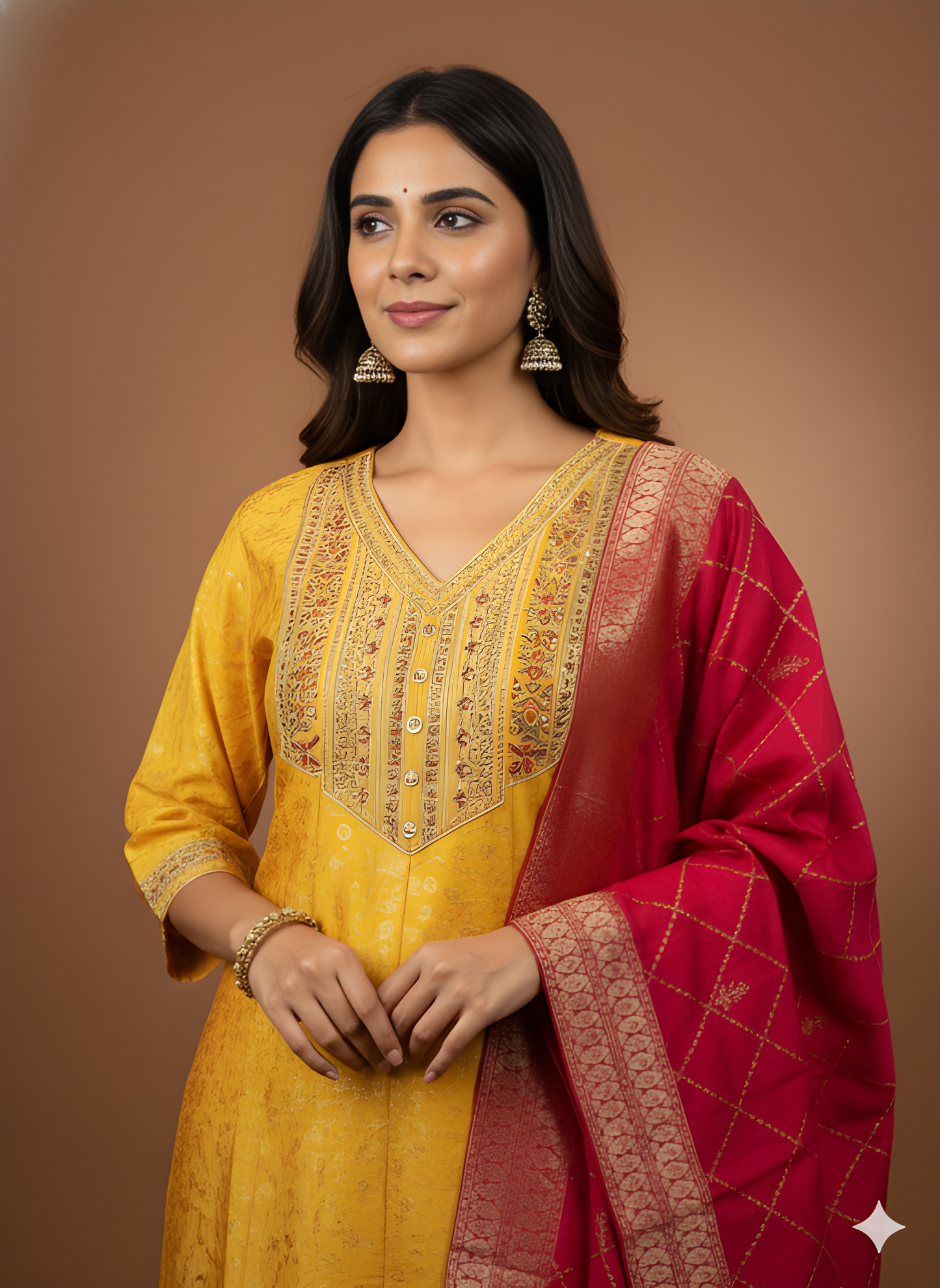 Yellow V Neck Cotton Kurta Set with Dupatta