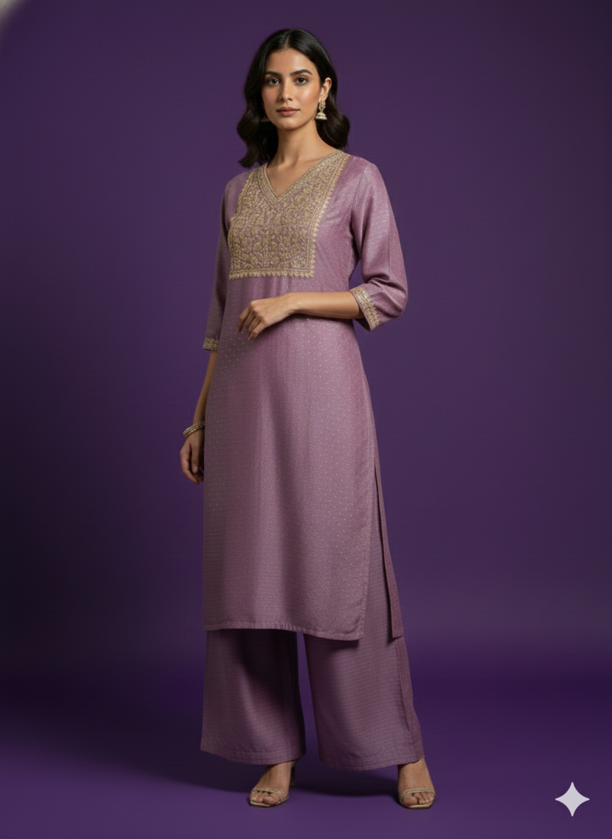 Pink V-Neck Silk Kurta