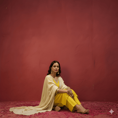 Yellow Round V Neck Viscose Kurta Set with Dupatta