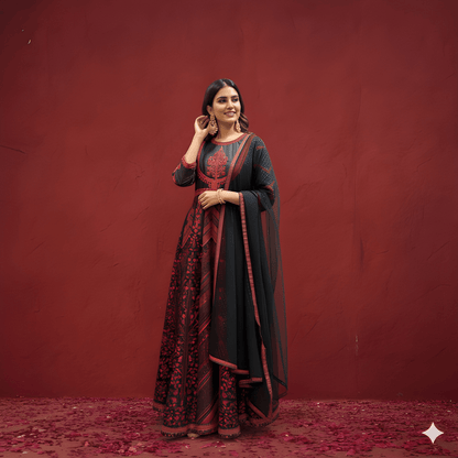 Black Round Neck Silk Kurta Set with Dupatta