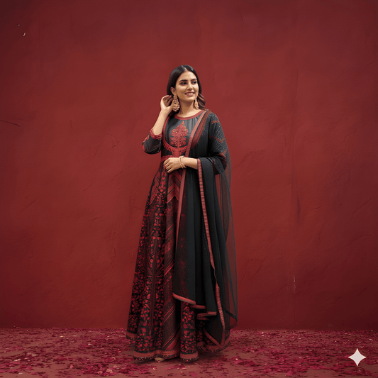 Black Round Neck Silk Kurta Set with Dupatta