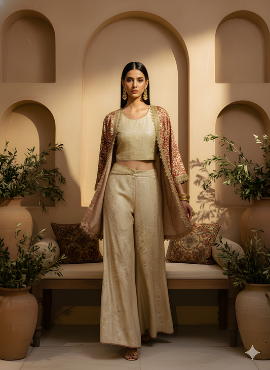 Ivory Round Neck Silk 3PCS Set