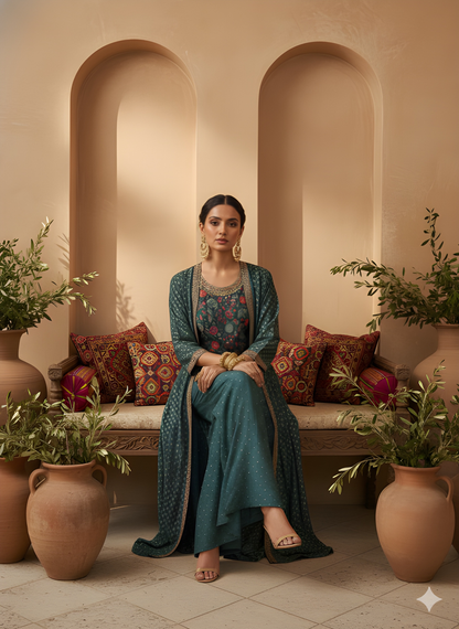 Span Green Round Neck Silk 3PCS Set