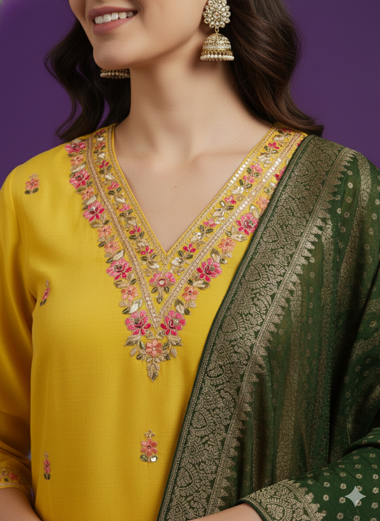 Yellow V-Neck Silk Kurta Set with Dupatta