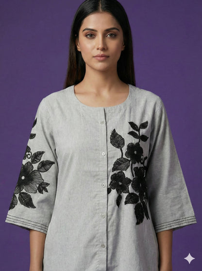 Grey Round Neck Cotton Co-ord Set