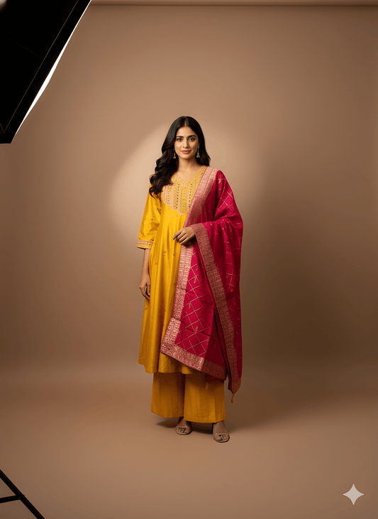Yellow V Neck Cotton Kurta Set with Dupatta