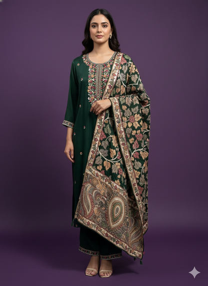 Green Round Neck Gazi Silk Kurta Set with Dupatta