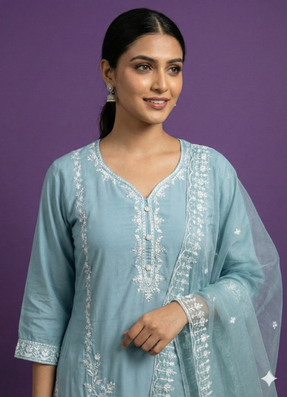 Blue Deep V-Neck Rayon Kurta Set with Dupatta