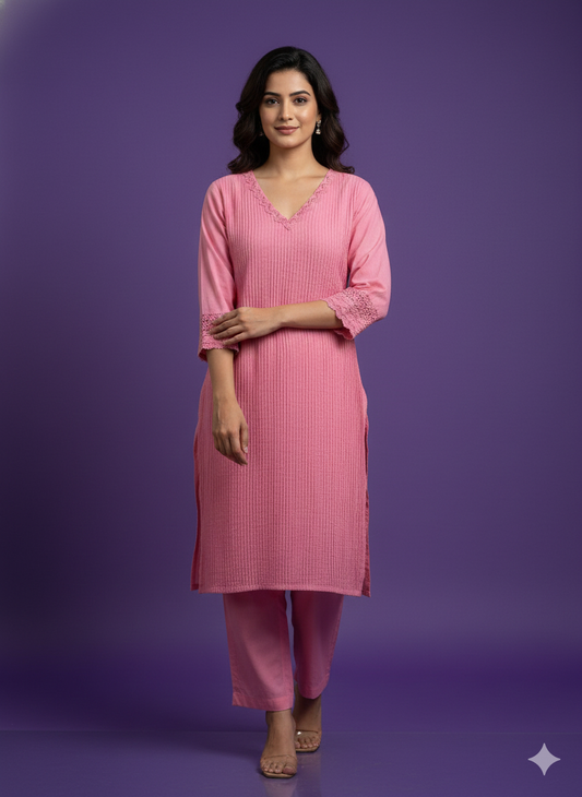 Pink V-Neck Cotton Cord Set