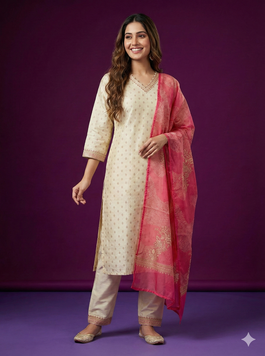 Ivory V-Neck Silk Kurta Set with Dupatta
