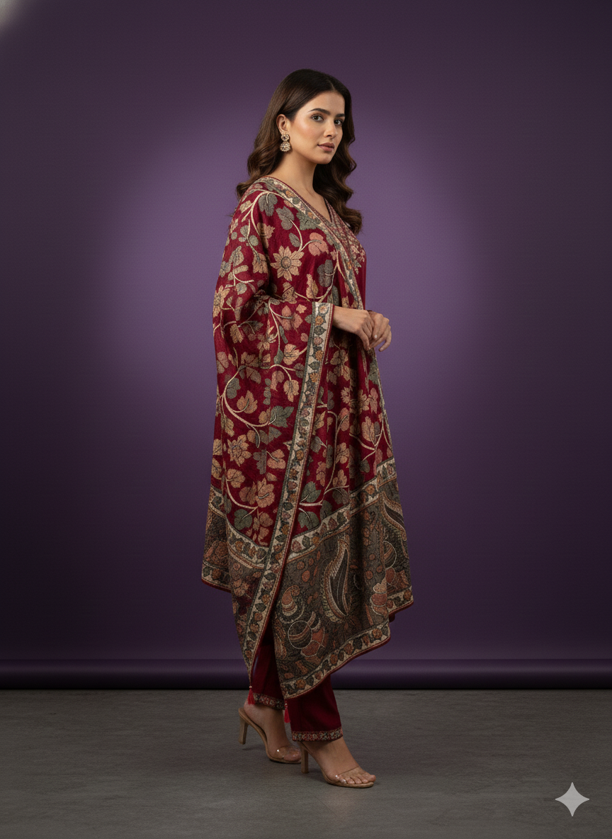 Red V-Neck Gazi Silk Kurta Set with Dupatta
