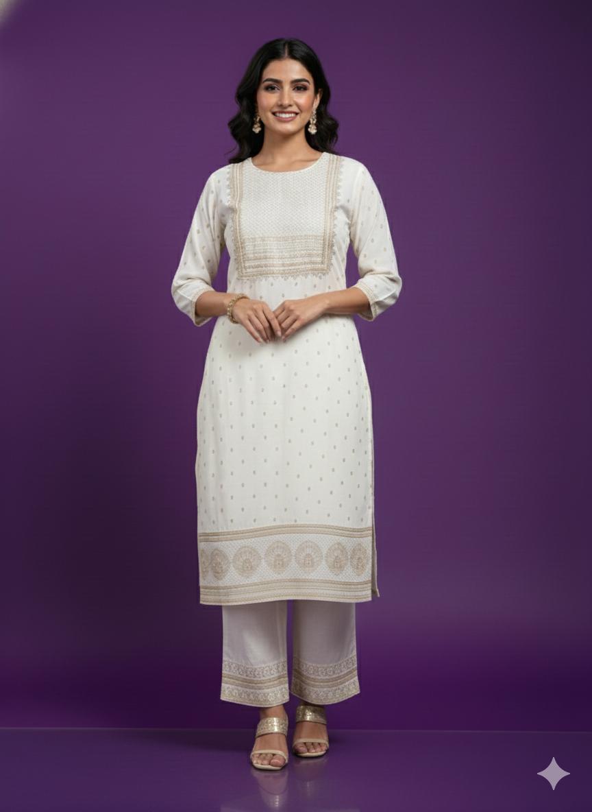 White Round Neck Rayon Cord Set