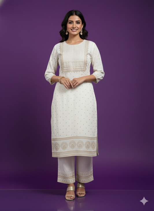 White Round Neck Rayon Cord Set