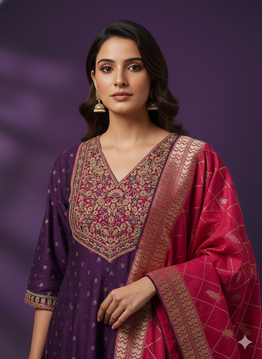 Purple V-Neck Silk Kurta Set with Dupatta