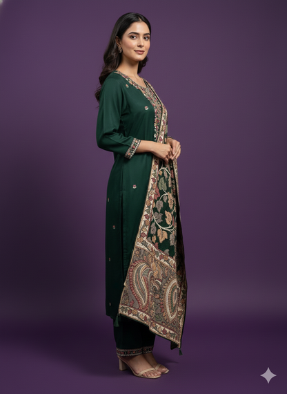 Green Round Neck Gazi Silk Kurta Set with Dupatta