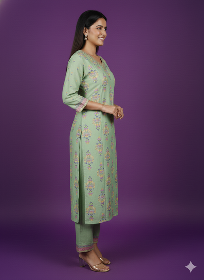 Green V-Neck Silk Cord Set