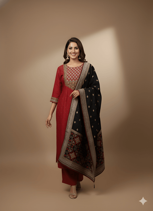 Pink Round V Neck Gazi Silk Kurta Set with Dupatta