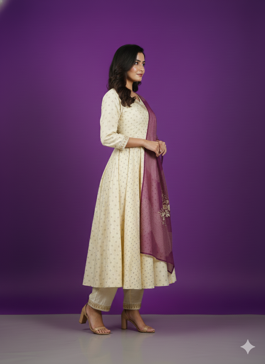 Ivory V-Neck Silk Kurta Set with Dupatta