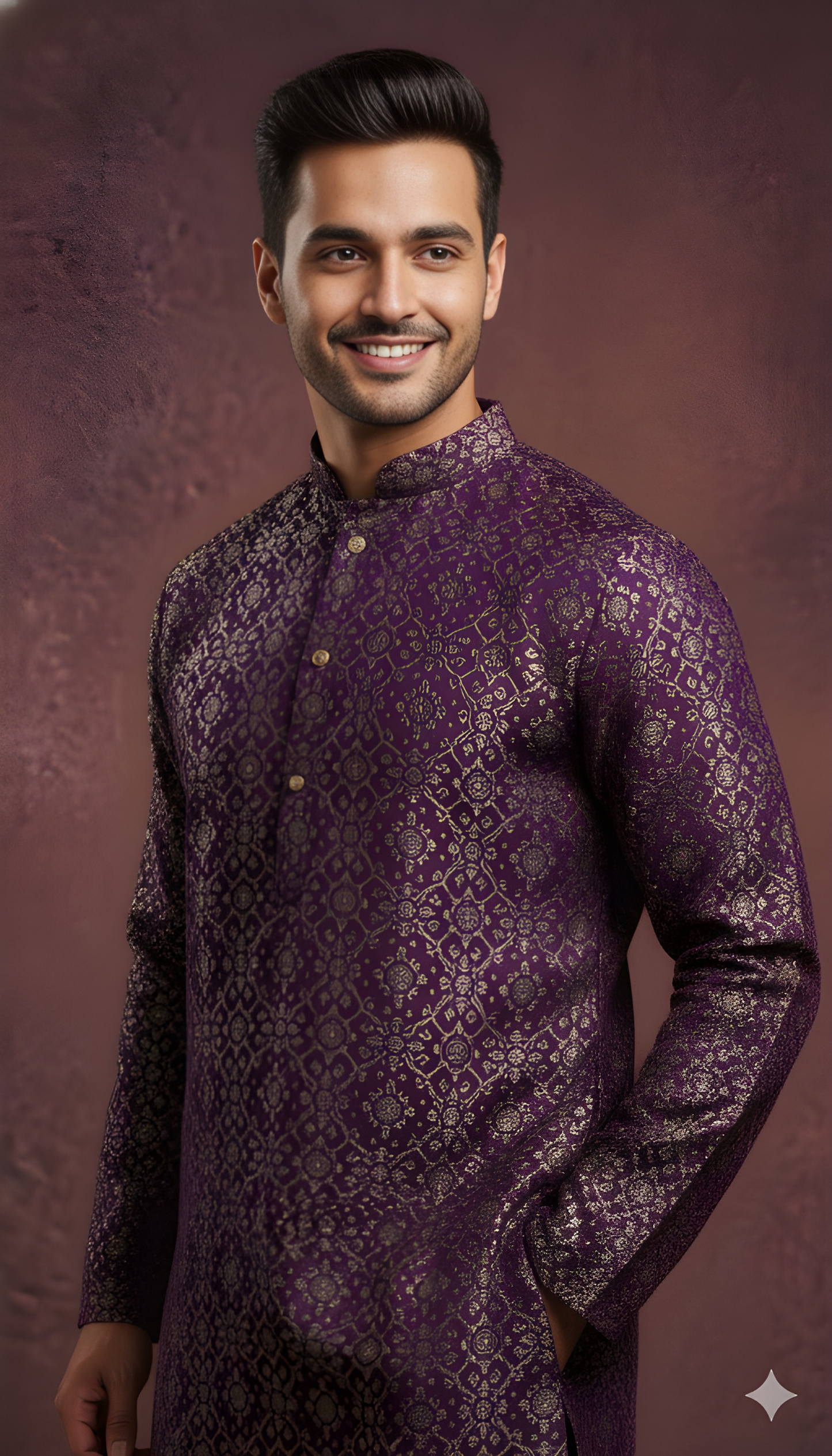 Purple Mandarin Neck Silk Kurta
