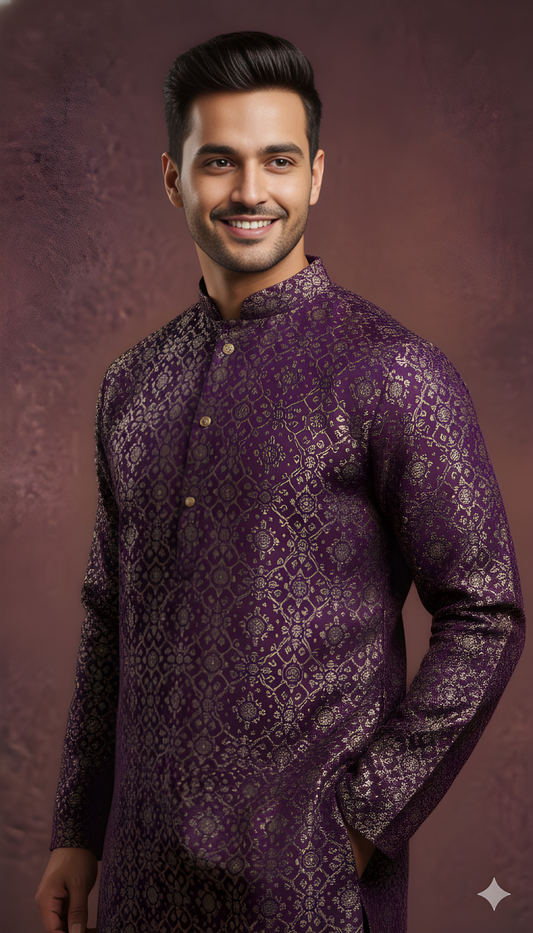 Purple Mandarin Neck Silk Kurta
