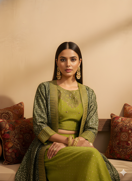 Green Round Neck Silk 3PCS Set