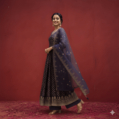 Purple V Neck Silk Kurta Set with Dupatta