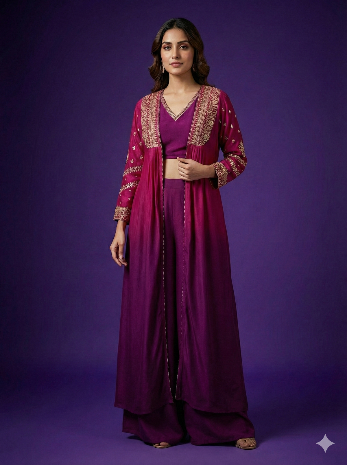 Crop Top - Palazzo with Embroidered Ombre Open Jacket Set