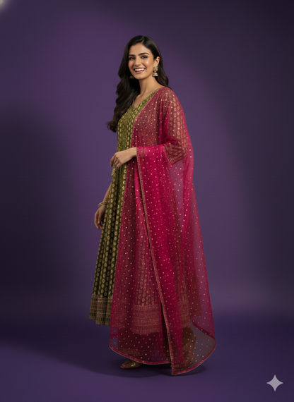 Green V-Neck Silk Kurta Set with Dupatta