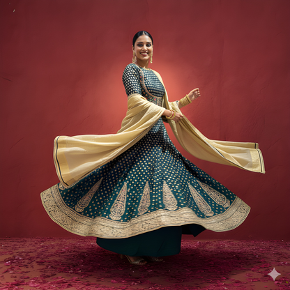 Green Round Neck Silk Kurta Set with Dupatta