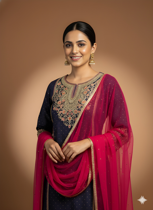 Purple Round Neck Viscose Kurta Set with Dupatta